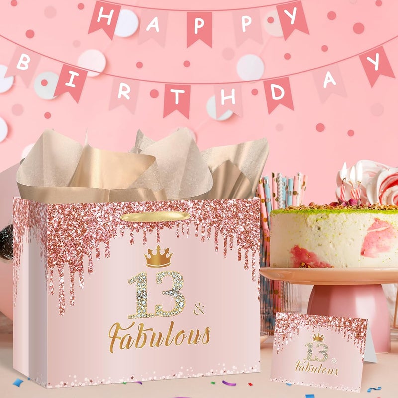 Yoirrat Rose Gold 13 & Fabulous 13th Birthday Gift Bag for Girls Large Pink Happy 13th Birthday Gift Bag with Wrapping Paper and Card for Teenager Thirteenth Bday Decorations Party Supplies - Image 2